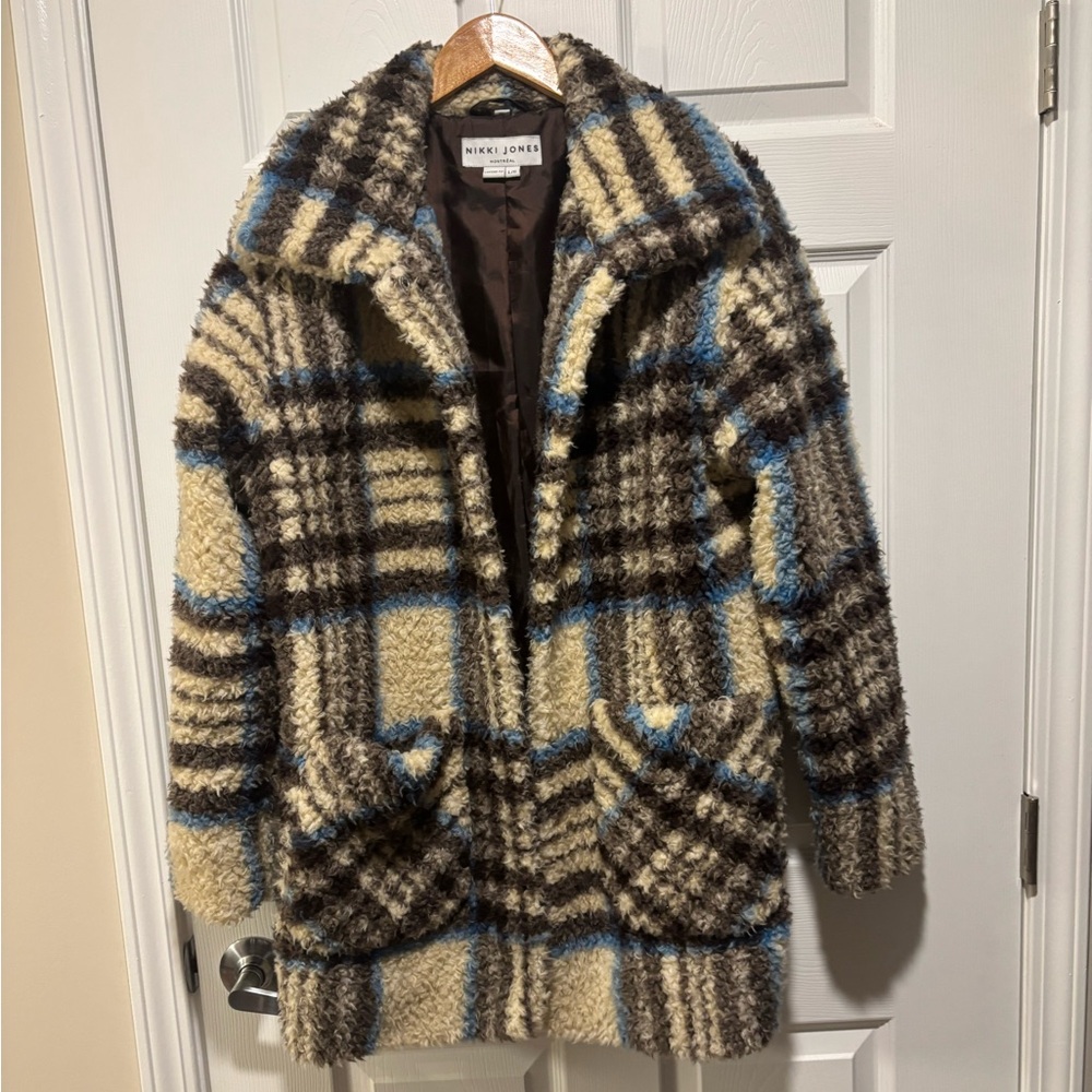 Nikki Jones Plaid Faux Lamb Jacket (Brown, Cream, and Blue)